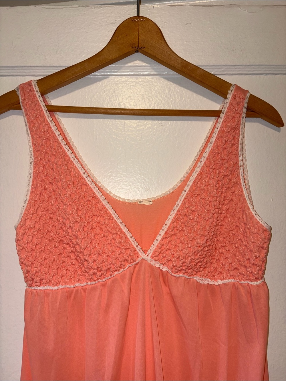 Vintage 60s 70s Peach Nylon Maxi Nightgonwn Lace Sheer V Neck Medium/Large